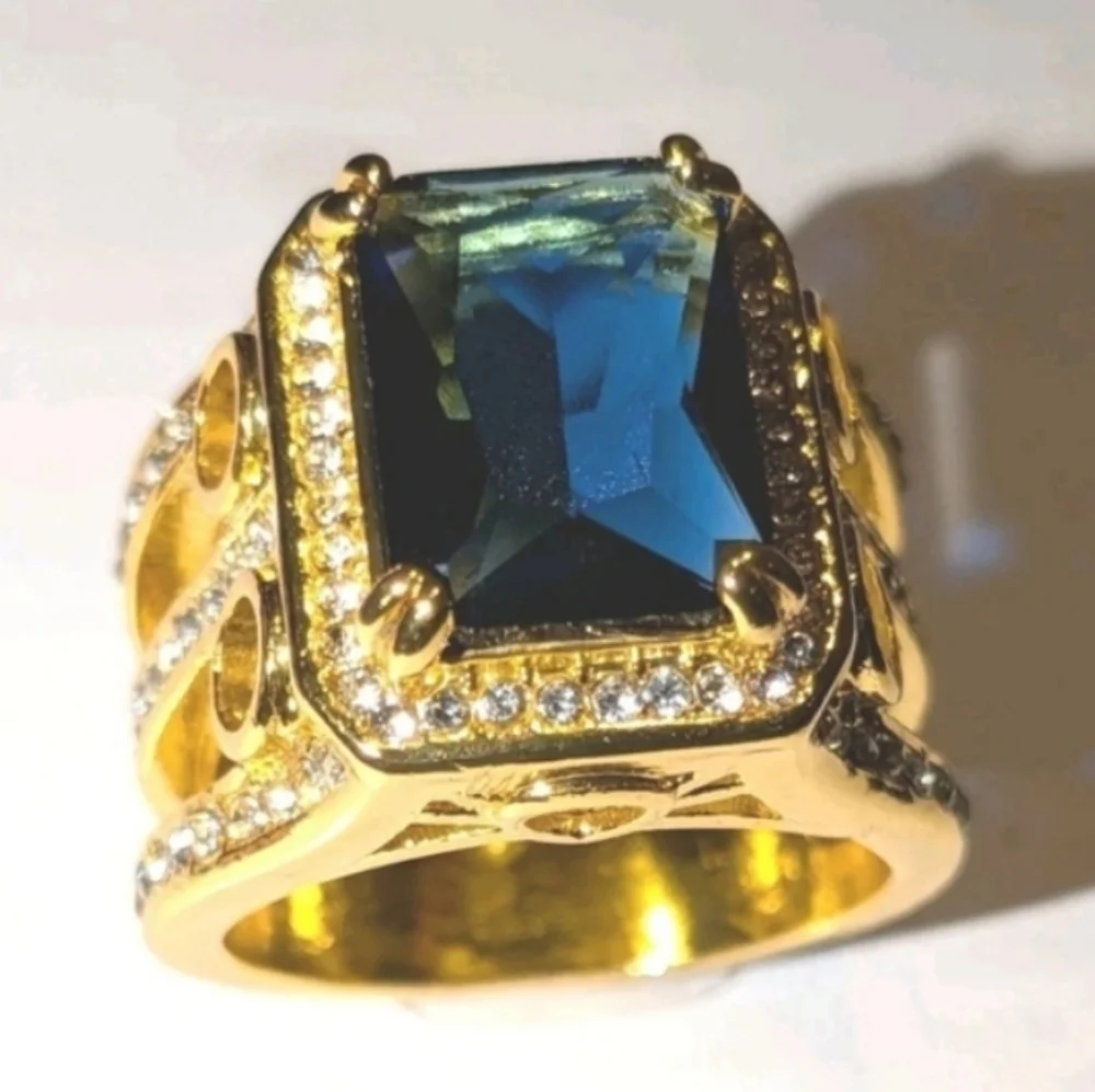 8ct Emerald Lab Created Blue Sapphire Mens Wedding Ring 14k Yellow Gold Plated11